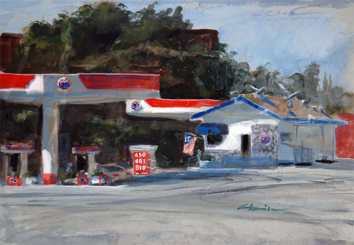 76 gas station watercolor virtual live zoom streetscape landscapes class painting lesson robert sherrill workshops