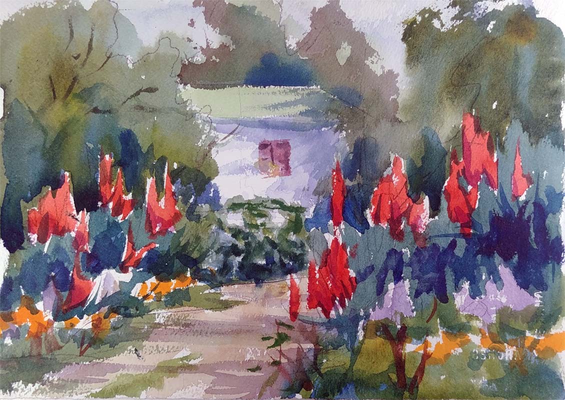 garden driveway watercolor landscape painting