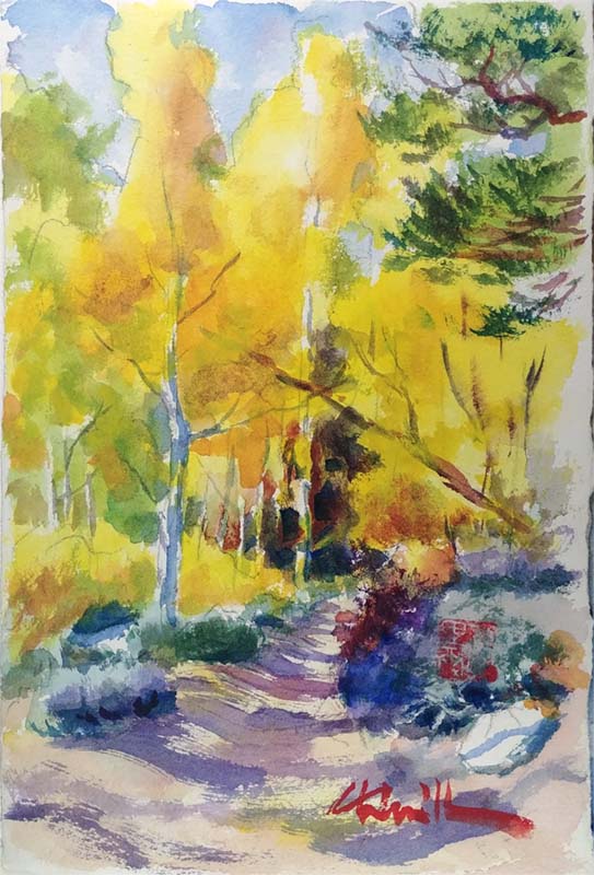 garden path watercolor landscape painting