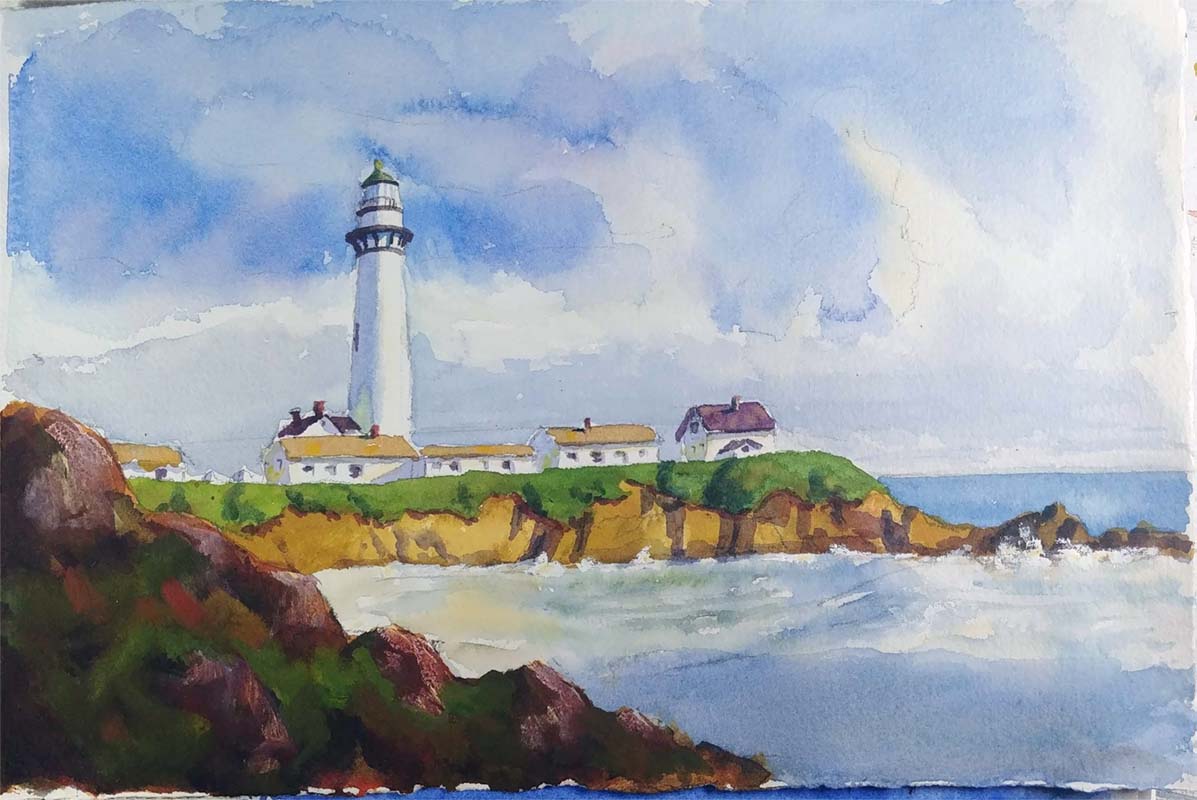 A watercolor landscapes class painting of a white lighthouse by Robert Sherrill Workshops