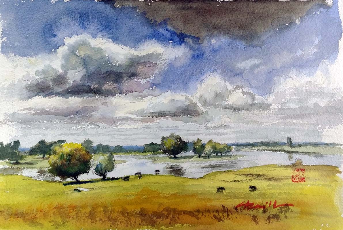 A watercolor landscapes class painting of a meadow lake by Robert Sherrill Workshops