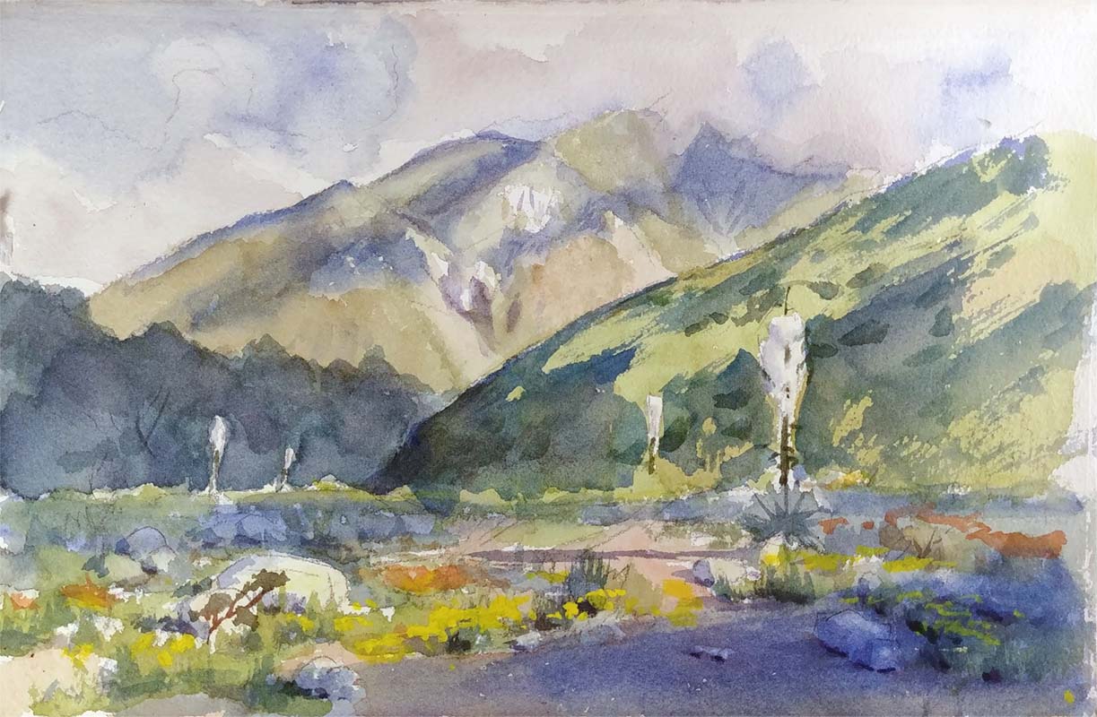 A watercolor landscapes class painting of the mountainside by Robert Sherrill Workshops