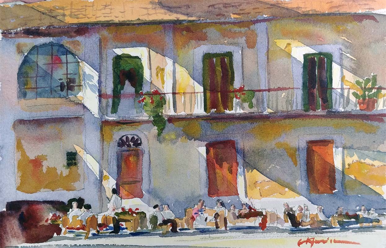 A watercolor landscapes class painting of an outdoor cafe by Robert Sherrill Workshopsng