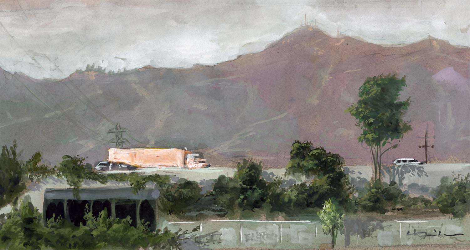 A watercolor landscapes class painting of the Pasadena freeway by Robert Sherrill Workshops