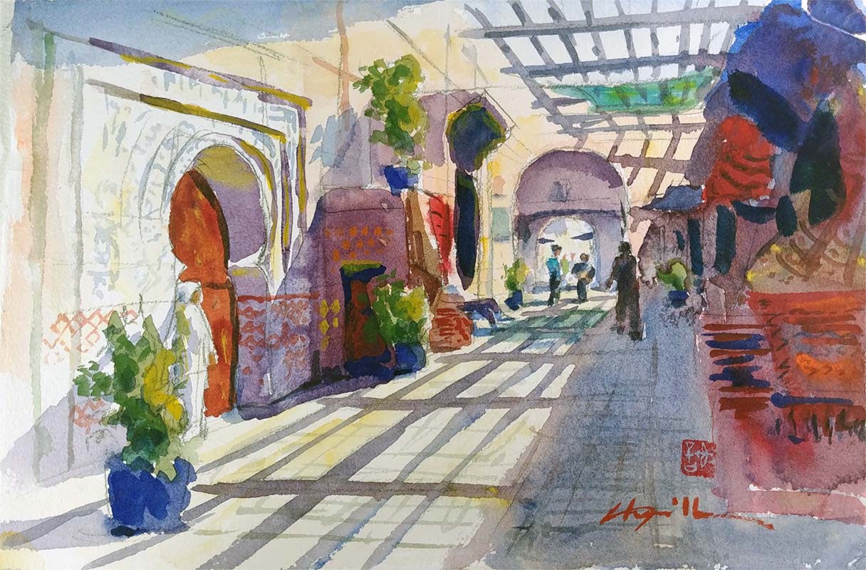 A watercolor landscapes class painting of storefront foot traffic by Robert Sherrill Workshops