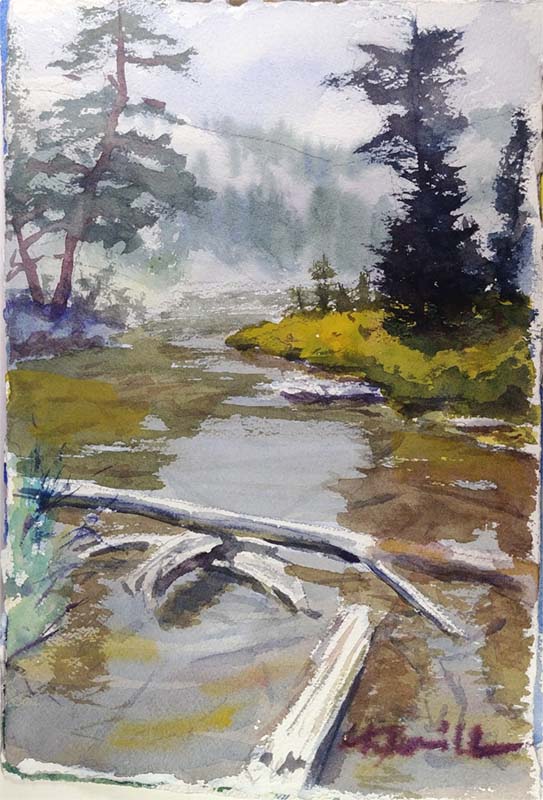 A watercolor landscapes class painting of a hazy swamp by Robert Sherrill Workshops