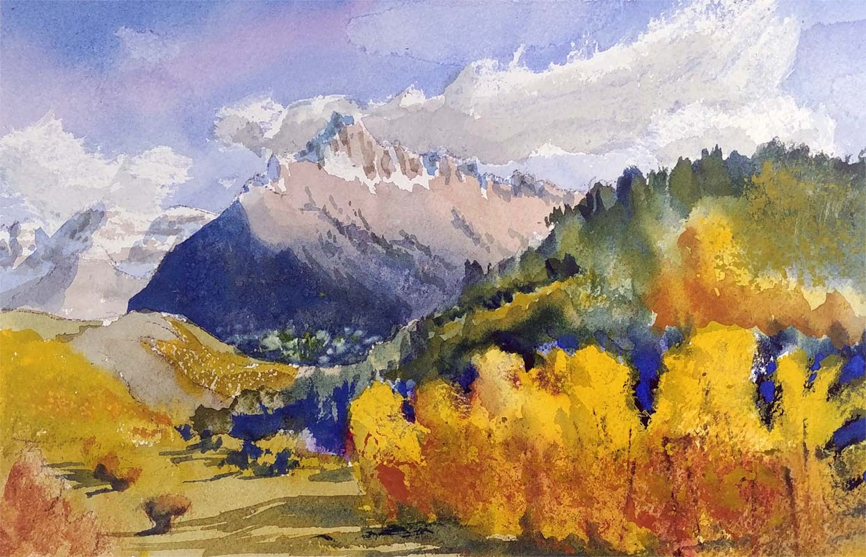 A watercolor landscapes class painting of rocky texture by Robert Sherrill Workshops