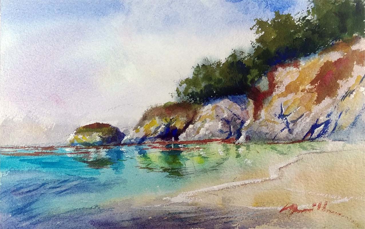 A watercolor landscapes class painting of a beach and rocks by Robert Sherrill Workshops