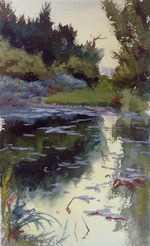 A watercolor landscapes class painting of shallow lake reflections by Robert Sherrill Workshops