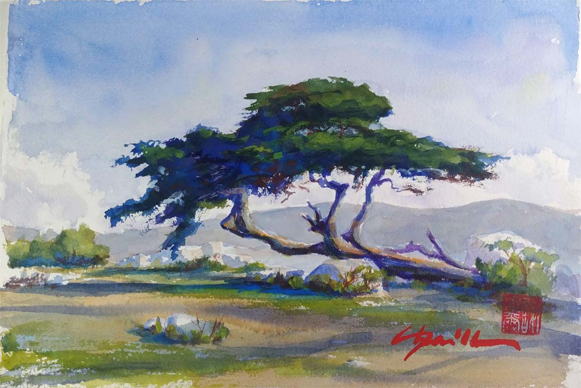 A watercolor landscapes class painting of a sideways oak tree by Robert Sherrill Workshops