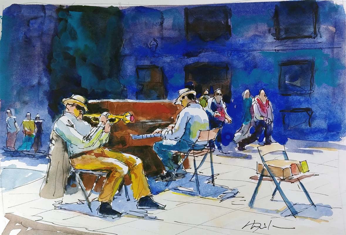 A watercolor landscapes class painting of street musicians by Robert Sherrill Workshops