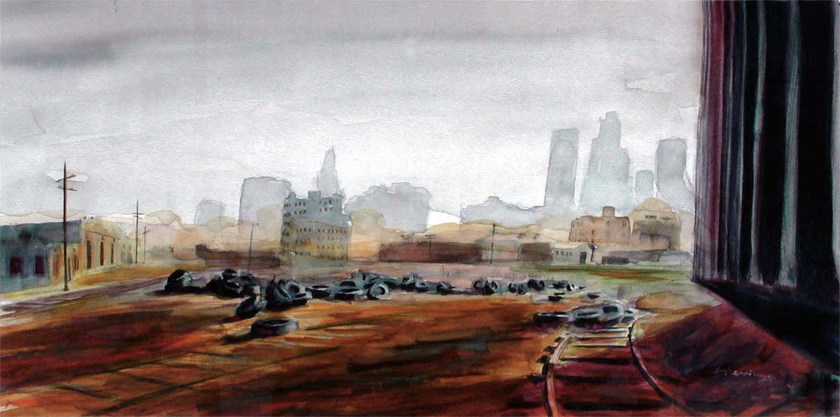 A watercolor landscapes class painting of a tire graveyard by Robert Sherrill Workshops