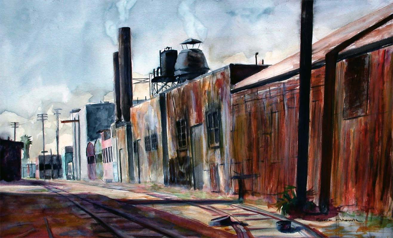 A watercolor landscapes class painting of abandoned train tracks by Robert Sherrill Workshops
