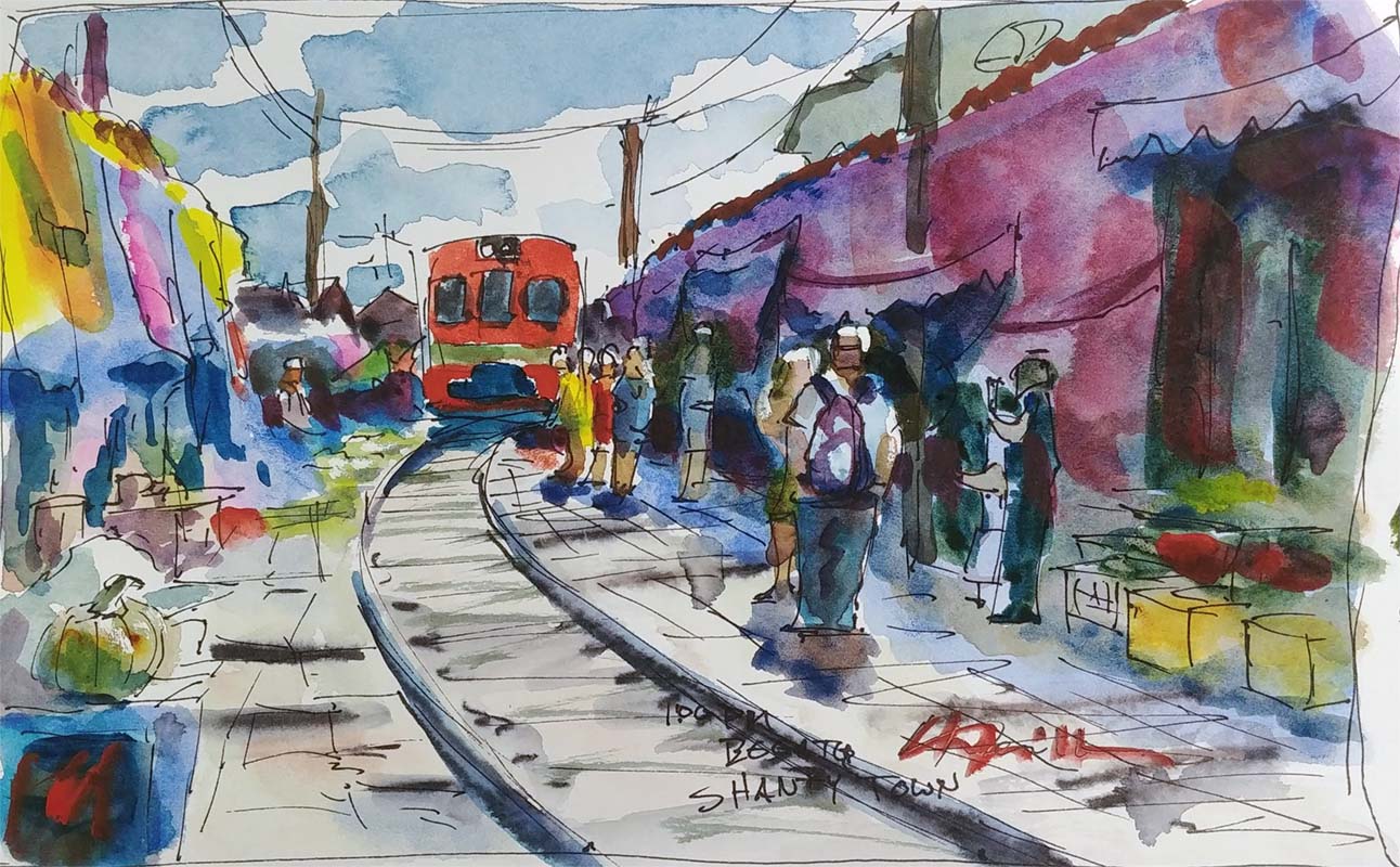 A watercolor landscapes class painting of people waiting for the train by Robert Sherrill Workshops