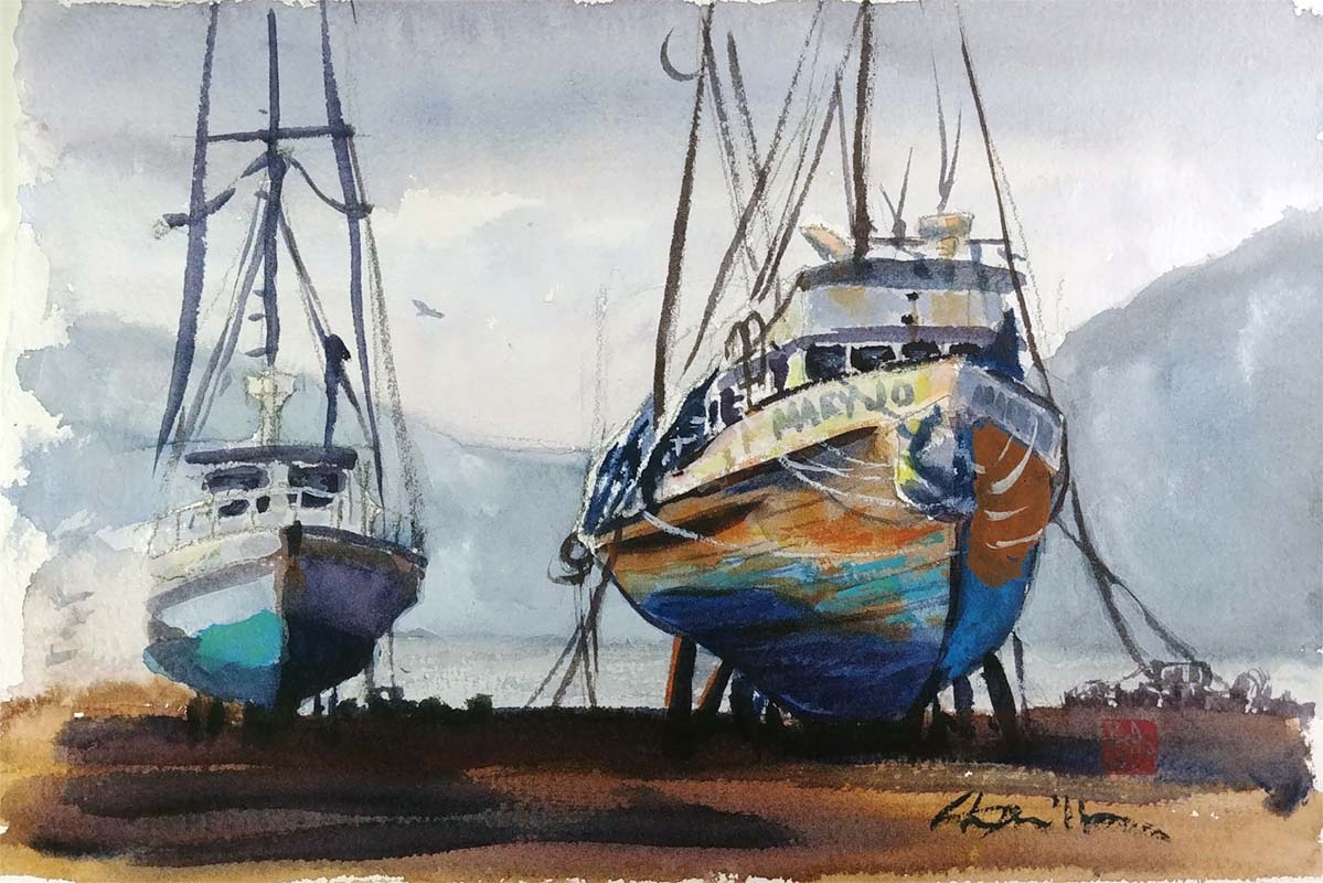 A watercolor landscapes class painting of old docked ships by Robert Sherrill Workshops