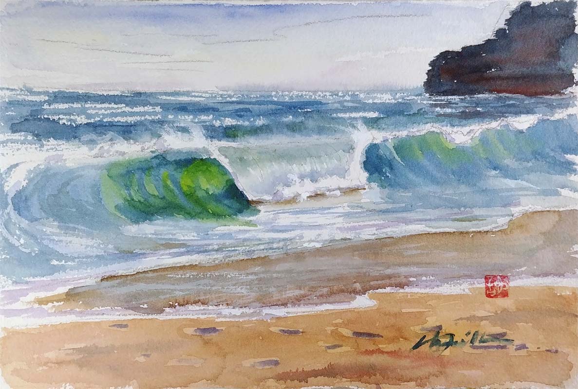 A watercolor landscapes class painting of beach wave reflections by Robert Sherrill Workshops