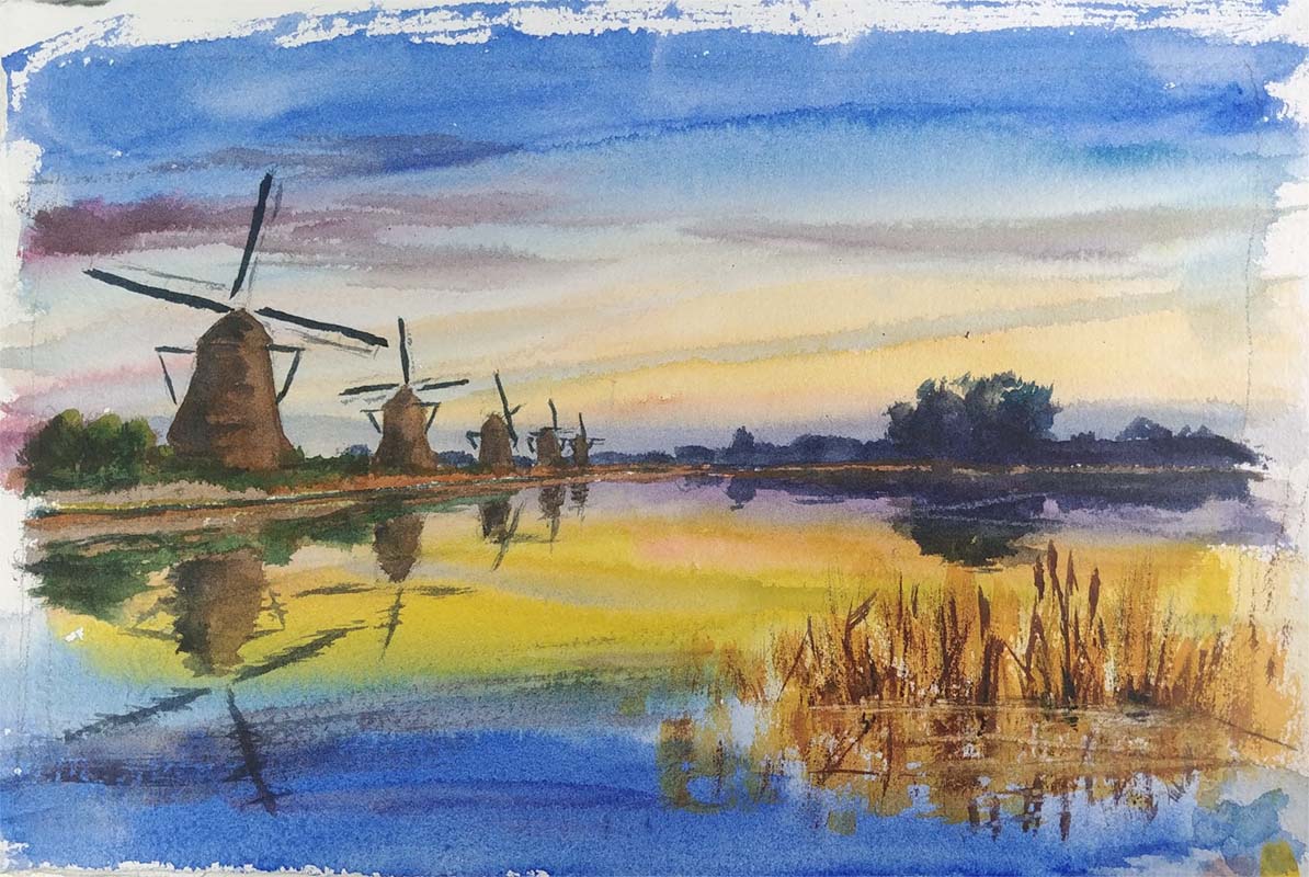 A watercolor landscapes class painting of old windmills along a lake by Robert Sherrill Workshops