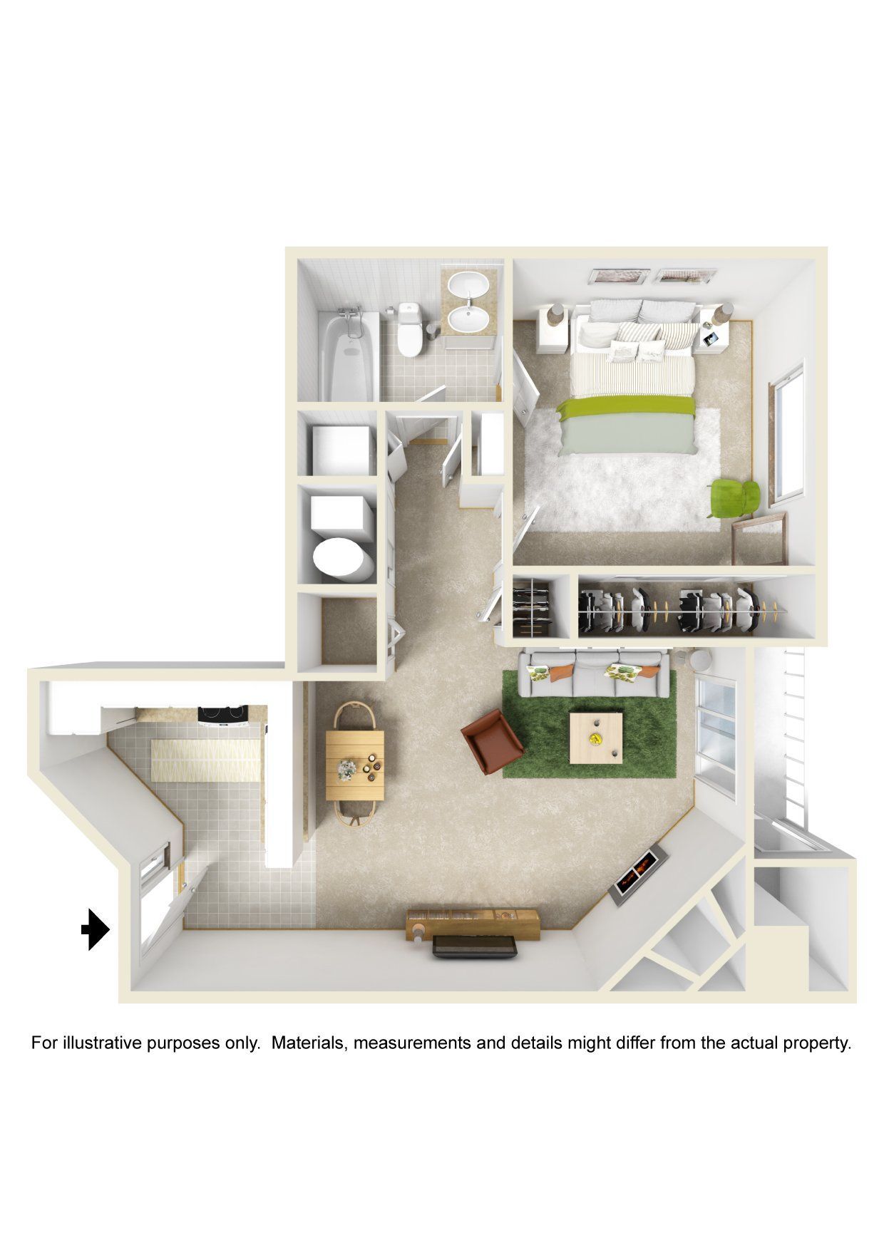 A 3d floor plan of a small apartment with a bedroom , living room , and bathroom.