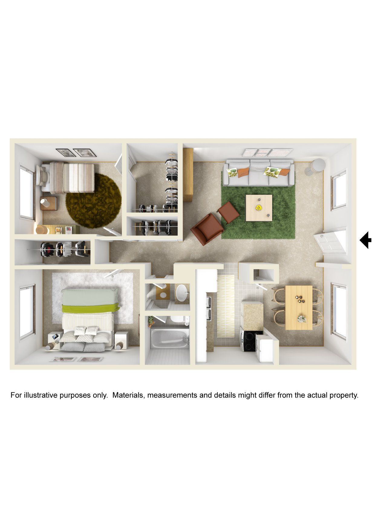 A 3d floor plan of a house with a bedroom , living room , dining room , and bathroom.
