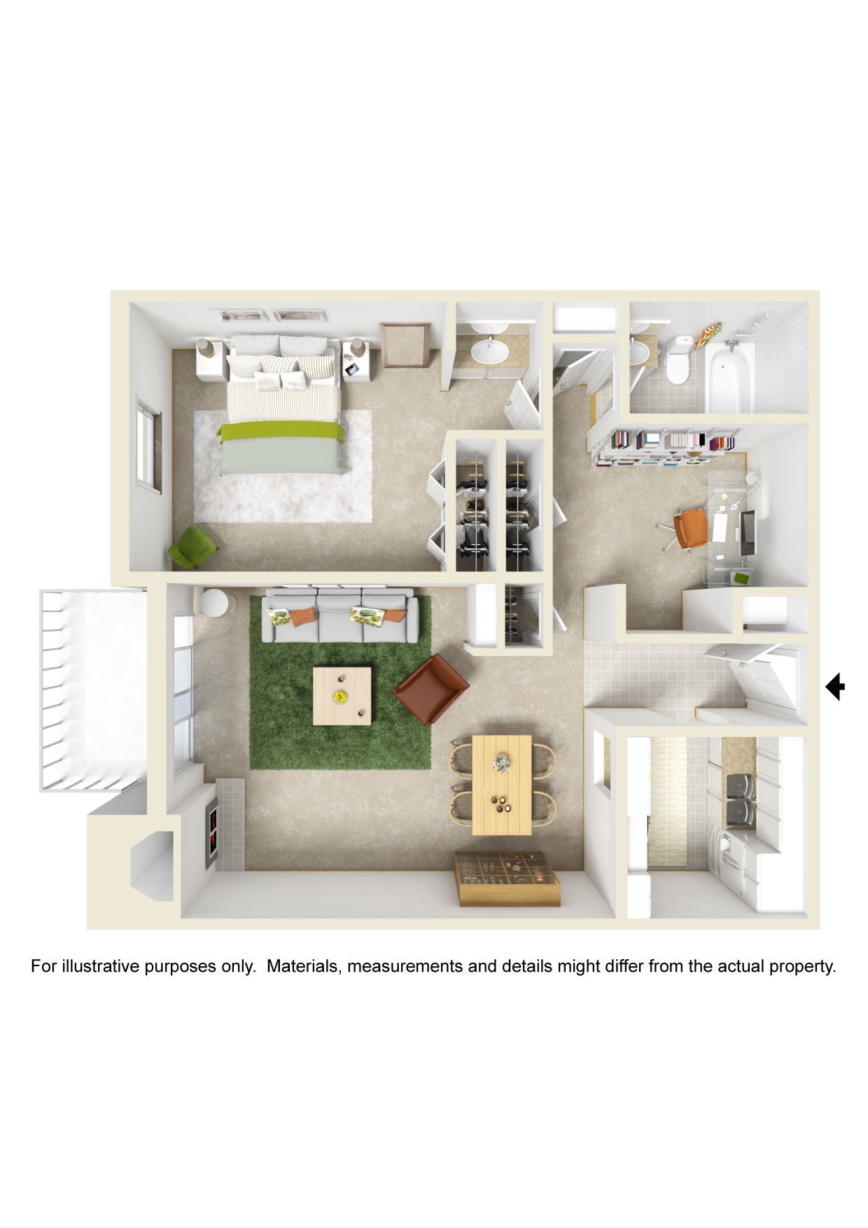 A 3d floor plan of a house with a bedroom , living room , dining room , and bathroom.