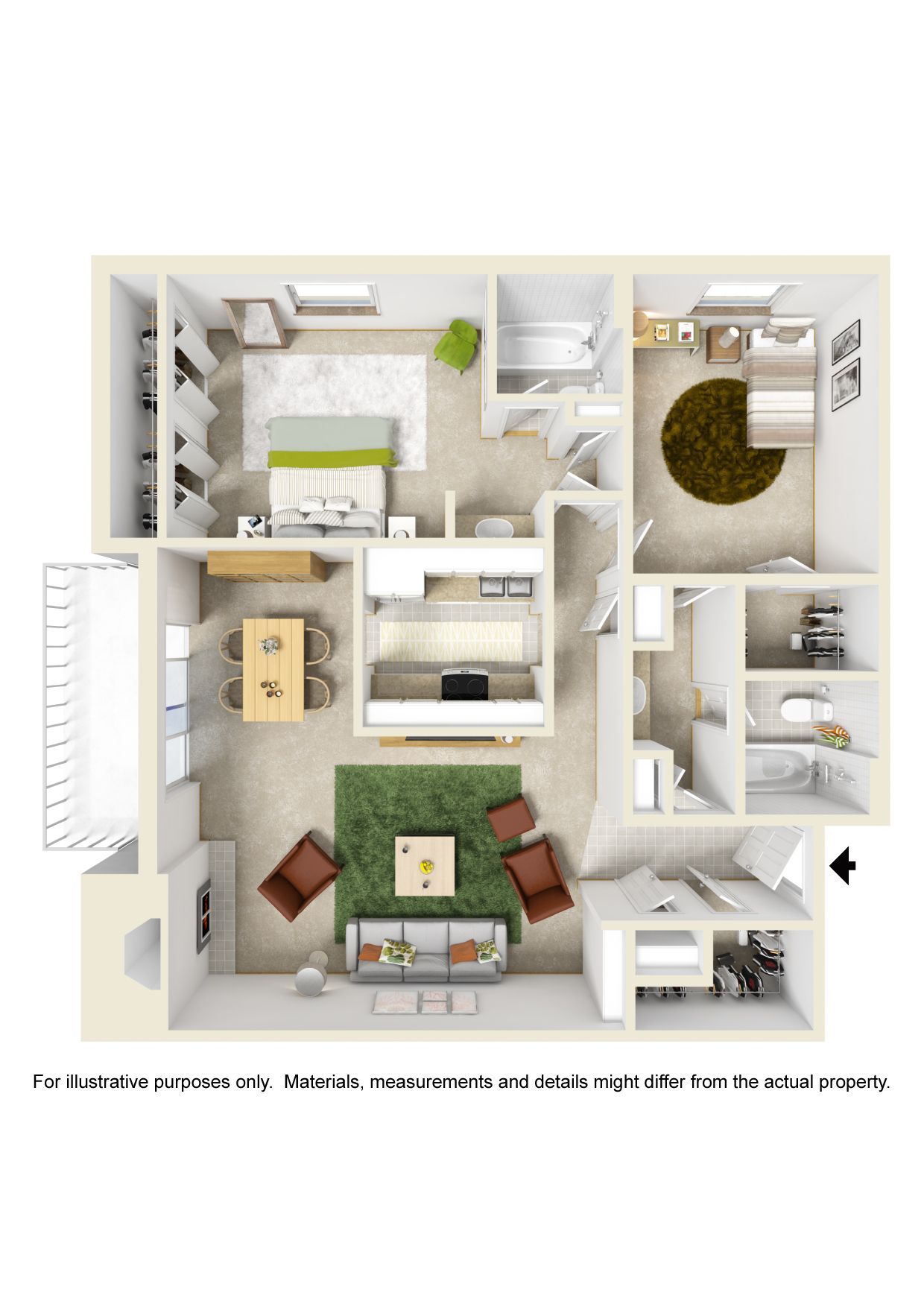 A 3d floor plan of a house with a couch , chairs , and a table.