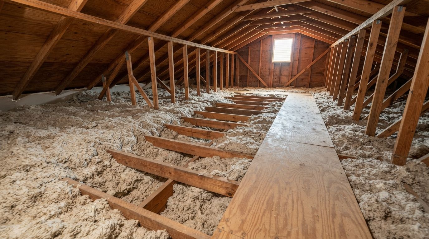 Thin and uneven attic insulation showing signs a Harlingen home needs additional insulation