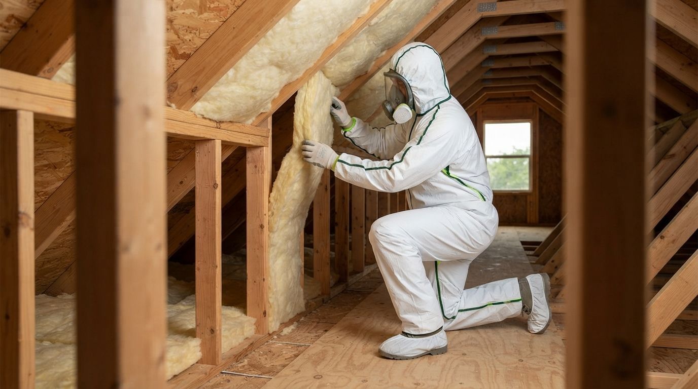 Experienced insulation technician completing detailed attic insulation work in Harlingen Texas