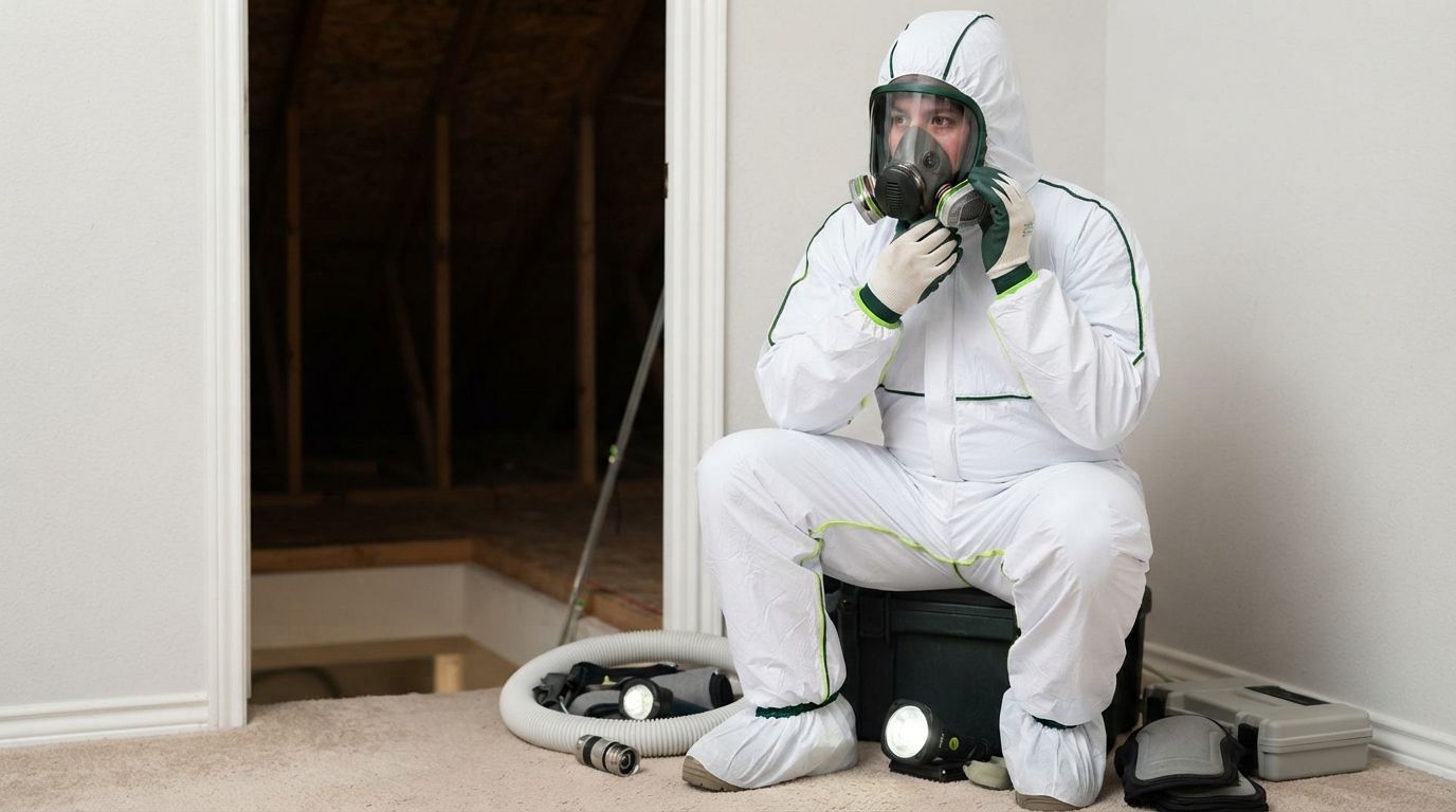 Professional insulation technician wearing safety gear and protective equipment in Harlingen Texas