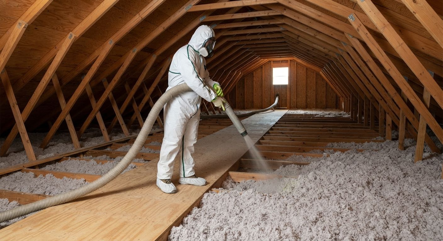 Trained technician using professional blown-in attic insulation equipment in Harlingen Texas
