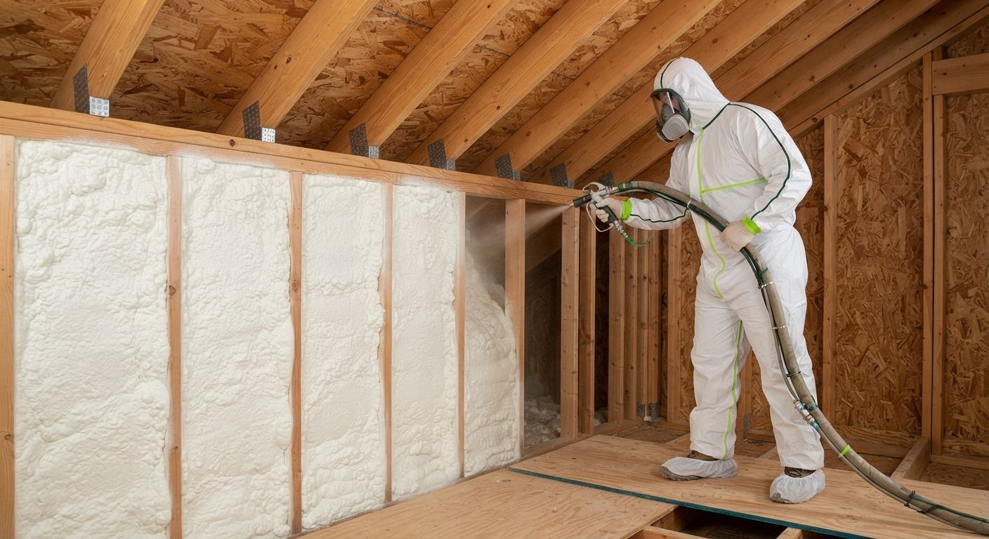 Trained Harlingen insulation technician using professional spray foam equipment