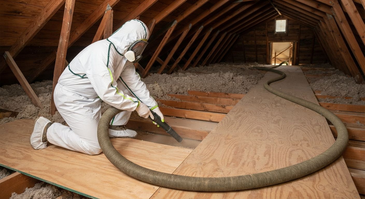 Trained insulation technician using professional attic insulation removal equipment in Harlingen Texas