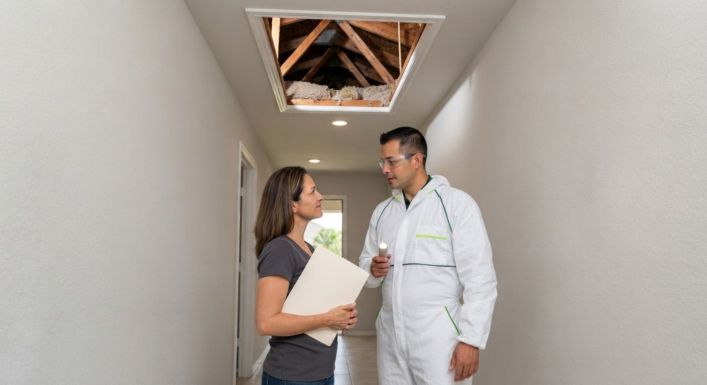 Harlingen insulation technician explaining attic assessment findings to a homeowner