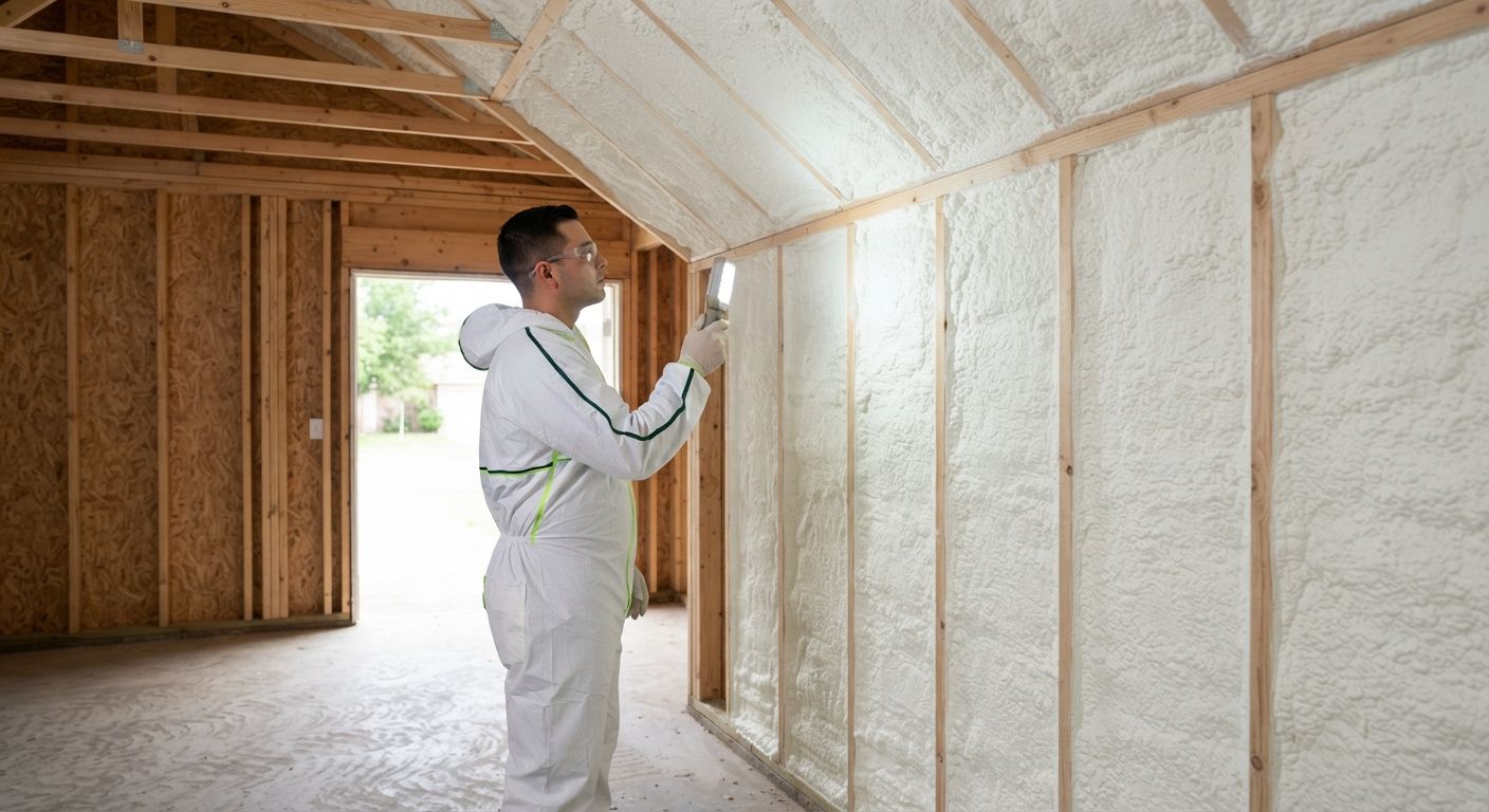 Experienced technician inspecting completed spray foam insulation in Harlingen Texas