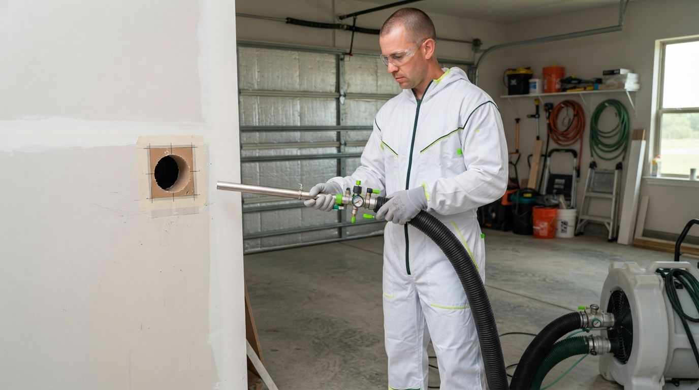 Harlingen blown-in insulation technician preparing professional dense-pack equipment