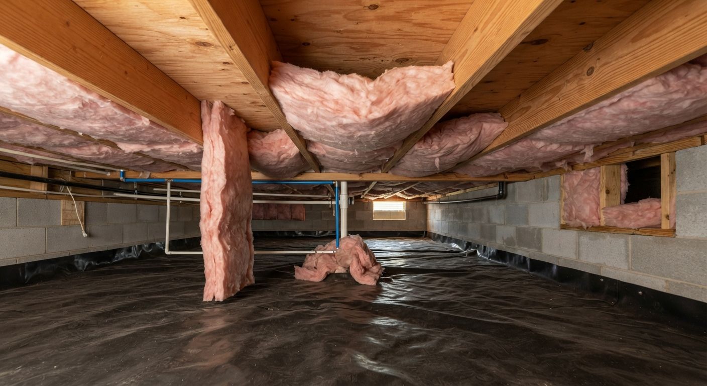 Sagging and compressed fiberglass insulation beneath a Harlingen residential floor