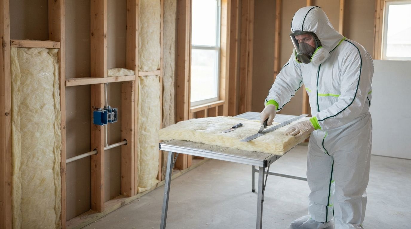 Harlingen fiberglass insulation technician preparing material for precise installation