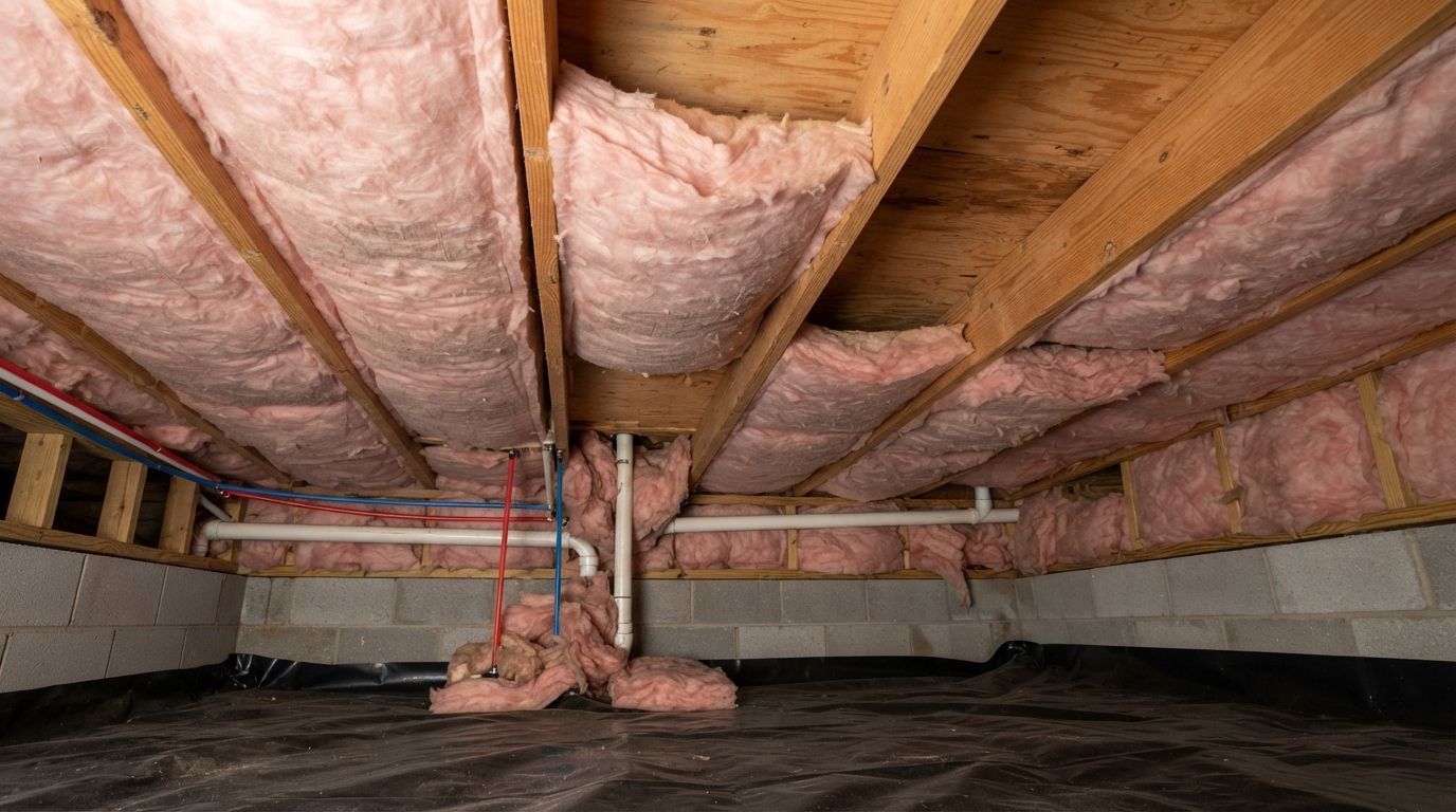 Sagging and missing crawl space insulation beneath a Harlingen Texas home