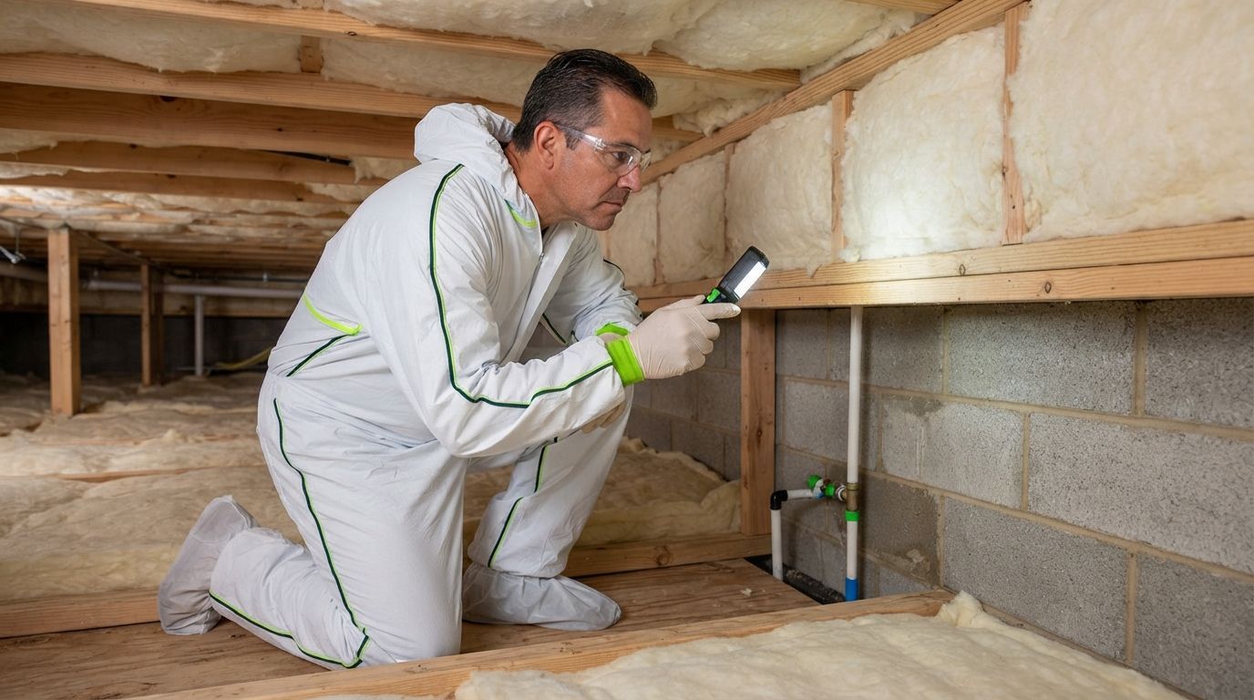 Harlingen crawl space insulation technician inspecting completed perimeter insulation