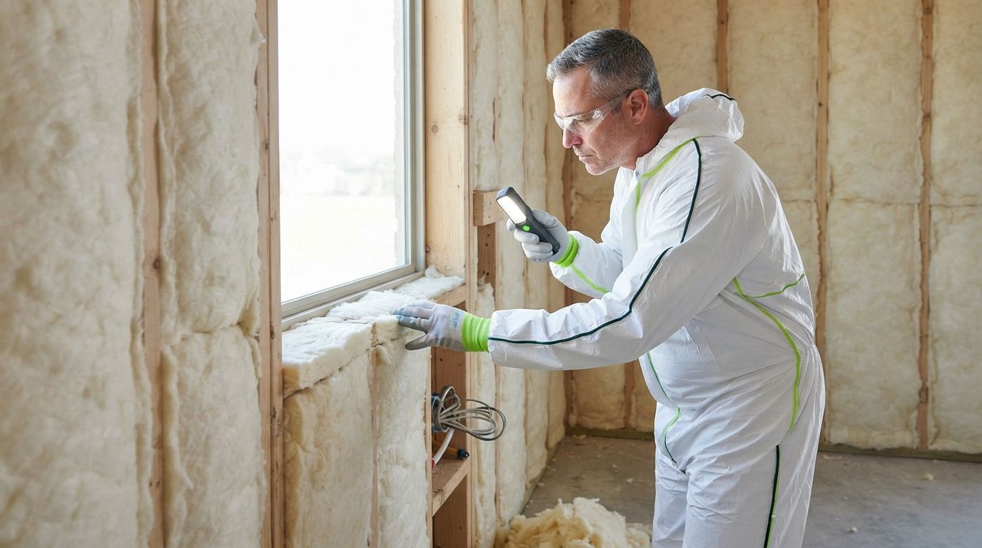 Harlingen wall insulation technician inspecting completed insulation around window framing