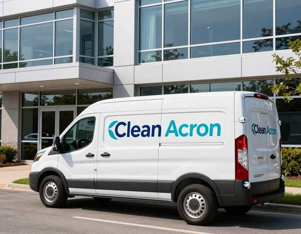 White CleanAcron service van parked outside a modern office building