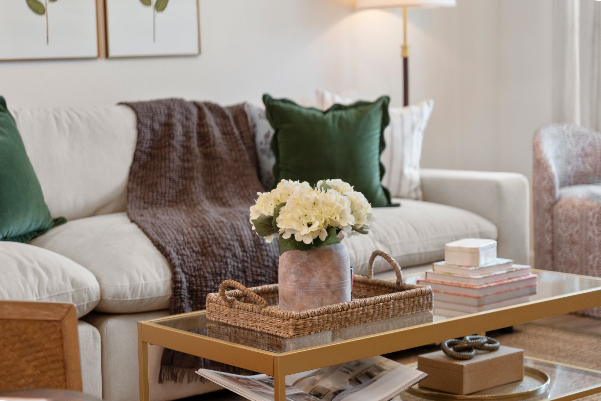 Comfortable apartment living room with modern furnishings at Cottage Green Simpsonville