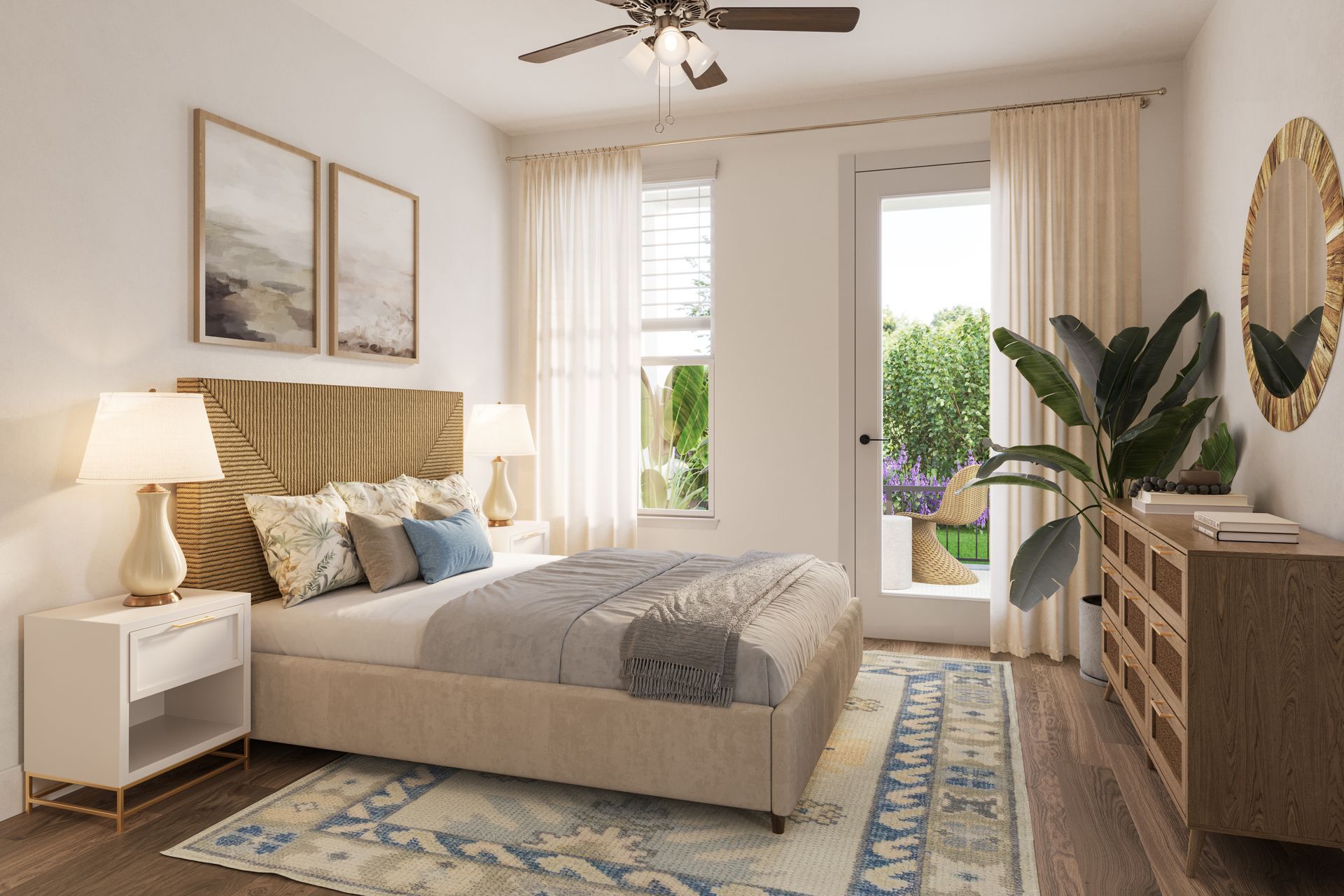 Bright bedroom with beige bed, patterned rug, nightstand lamp, and sliding glass door to a balcony.