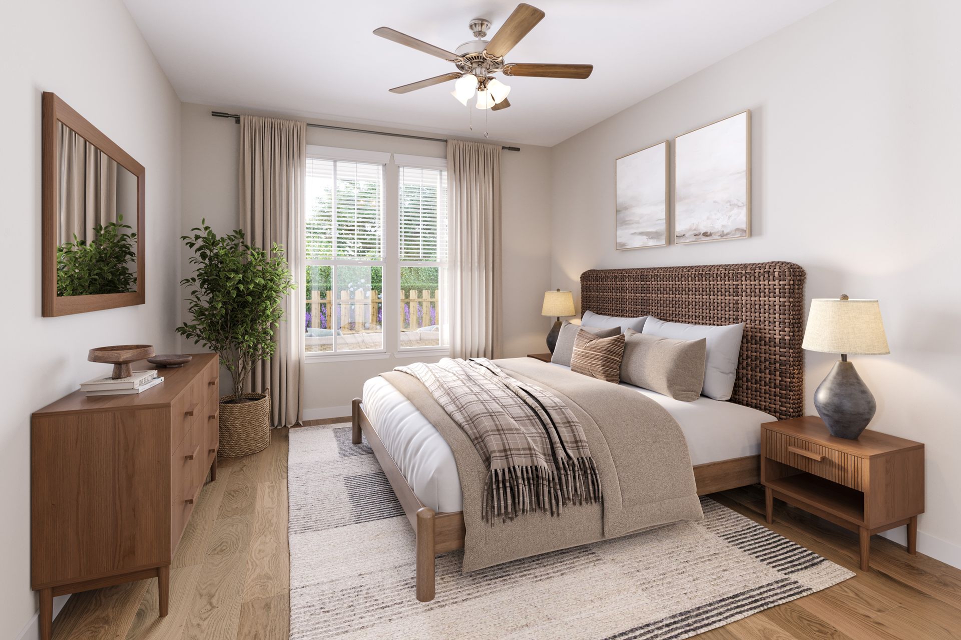 Bright bedroom with a bed, wooden nightstands, dresser, rug, ceiling fan, and balcony doors with curtains