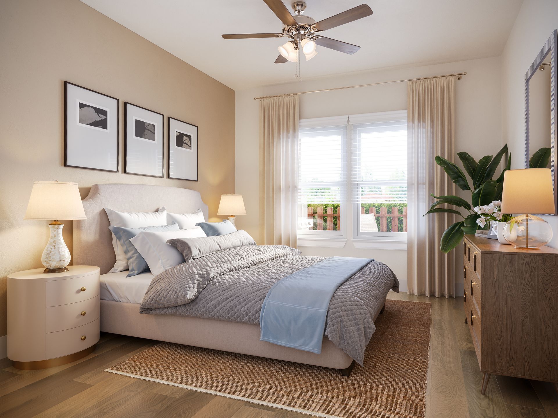 Cozy beige bedroom with a bed, nightstands, lamps, framed art, a window, and a potted plant