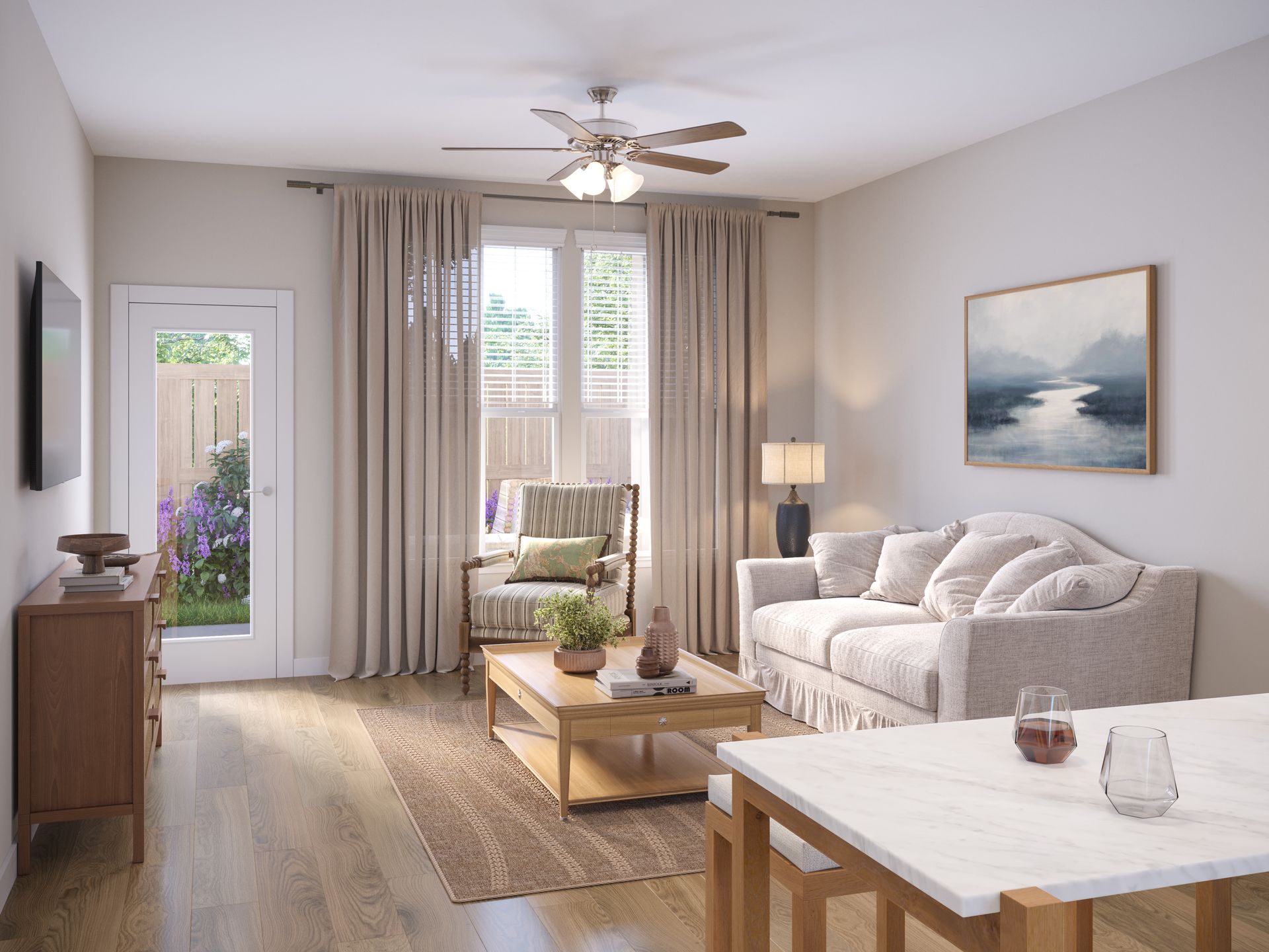 Bright living room with beige sofa, coffee table, window seat, and patio door in soft neutral tones