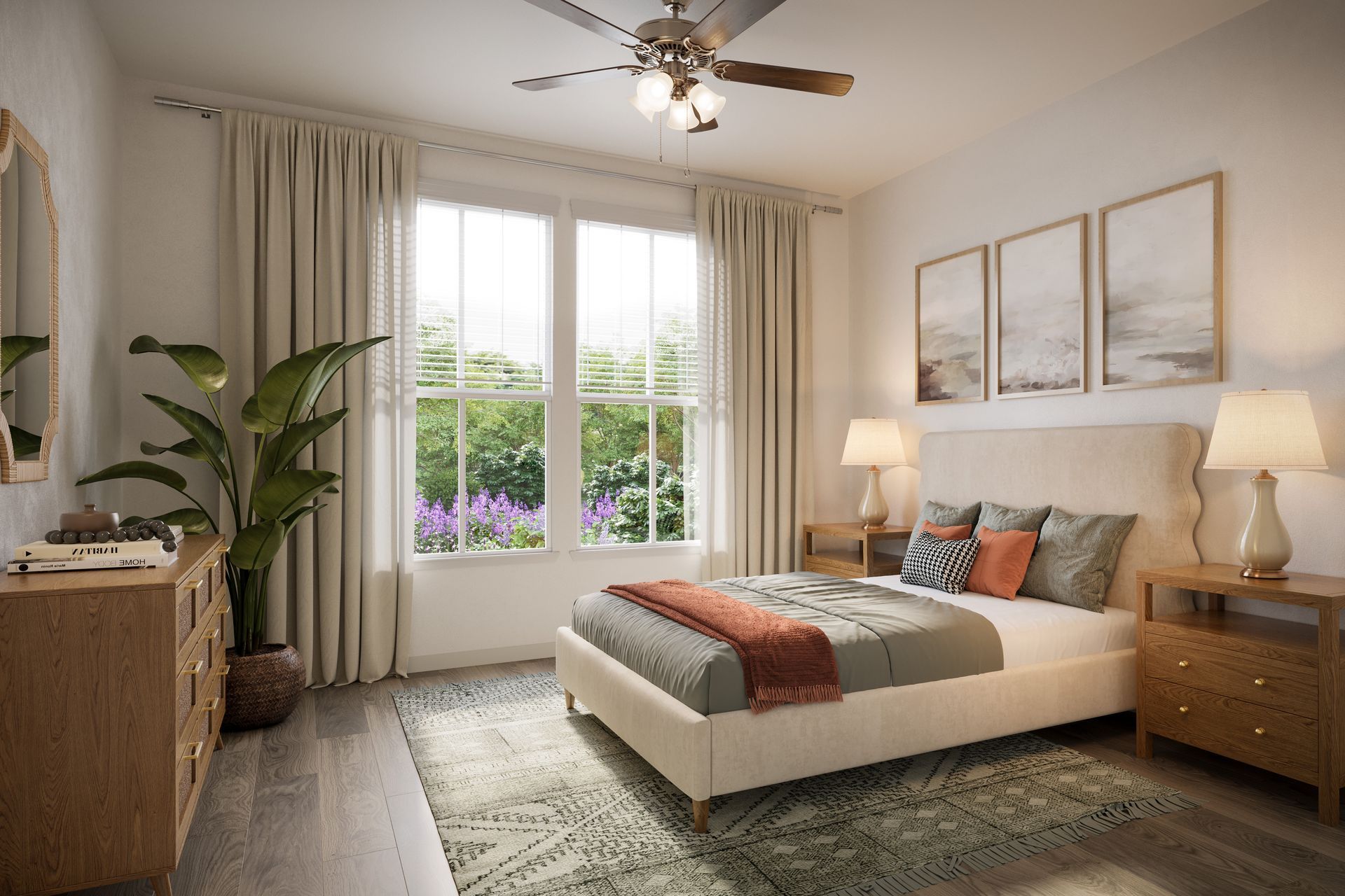 Bright bedroom with a bed, two lamps, large window, ceiling fan, and neutral decor