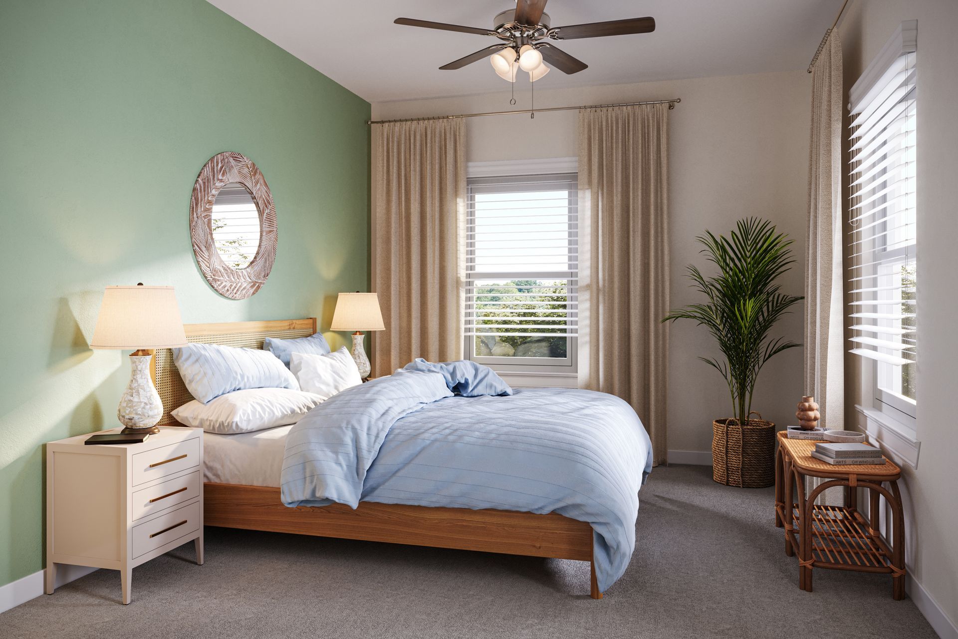 Bright bedroom with a made bed, bedside lamps, green accent wall, and large windows with blinds.