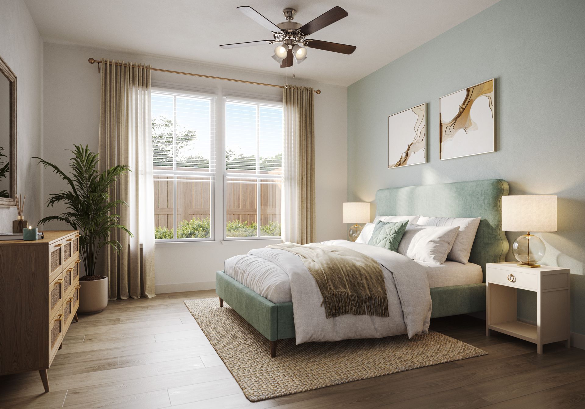 Bright bedroom with a mint bed, neutral decor, and a large window with curtains