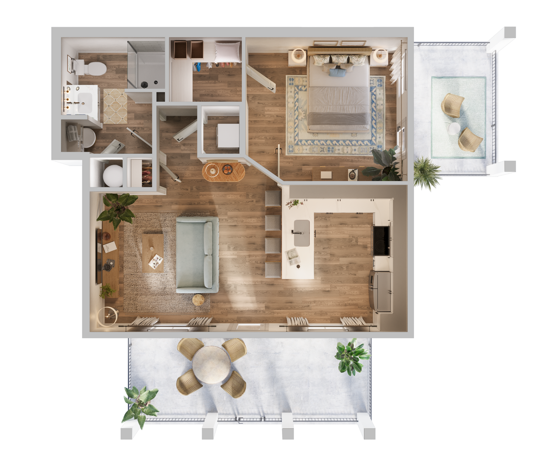 Top-down 3D floor plan of a modern apartment with living, dining, kitchen, bedroom, and two terraces.