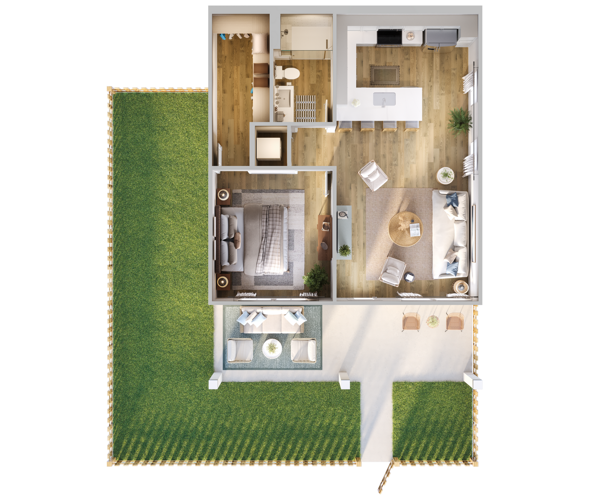 Top-down floor plan of a small apartment with wood floors, bedroom, bath, kitchen, and patio.